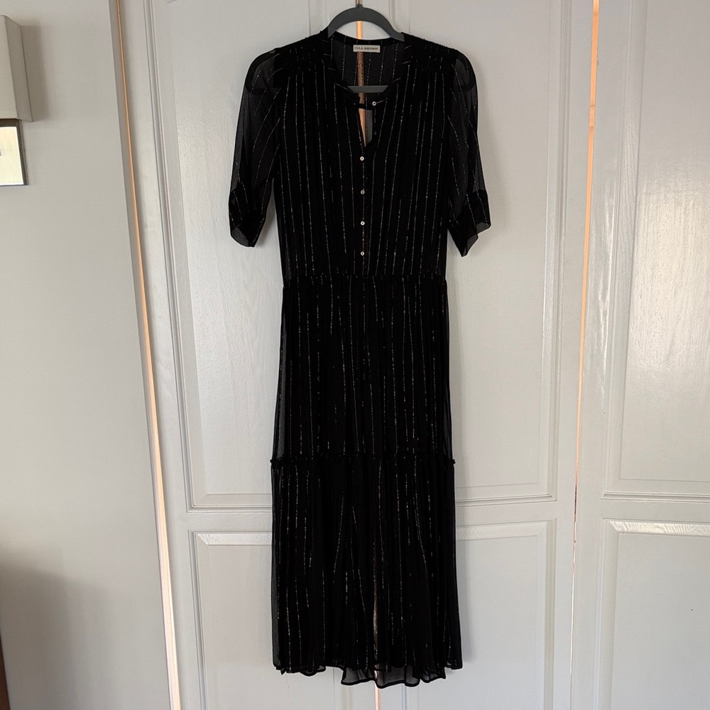 Ulla Johnson Black Silk Midi Dress with Gold Threaded Stripes - SZ 6